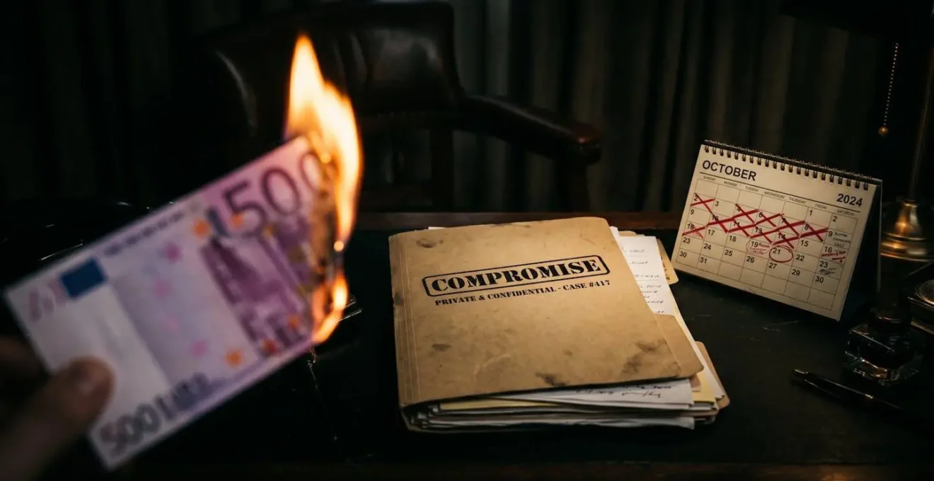 Un billet de 500€ en feu au premier plan flou, avec un dossier de compromis net à l'arrière-plan.