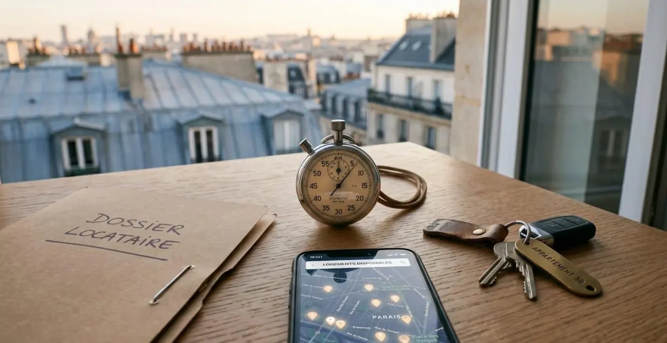 Vue de dessus d'un bureau minimaliste avec un chronomètre affichant 48 heures, entouré d'un dossier locataire, d'un smartphone montrant une carte urbaine et de clés d'appartement, sur fond de fenêtre donnant sur une ville.