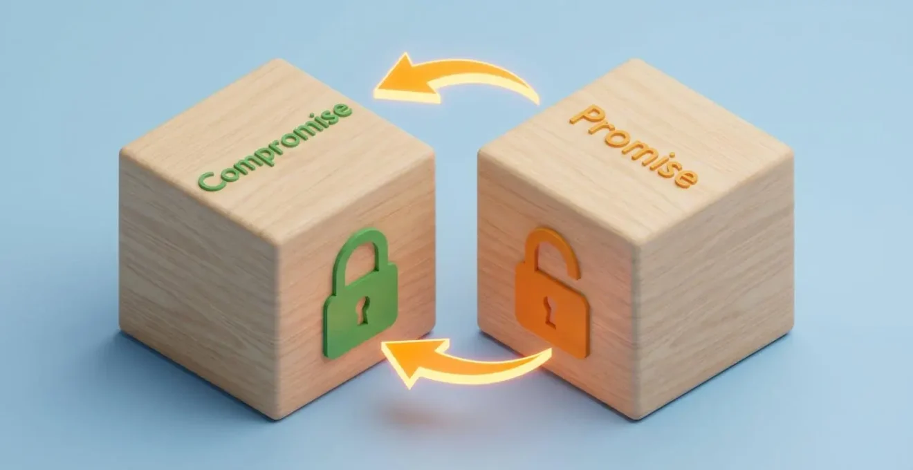 Illustration isométrique comparant un bloc 'Compromis' cadenassé et un bloc 'Promesse' entrouvert, avec une flèche lumineuse.