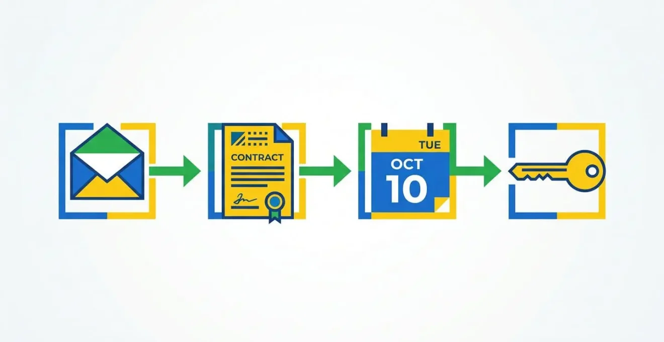 Infographie plate avec 4 étapes : offre écrite, avant-contrat, délai de rétractation de 10 jours, signature finale.