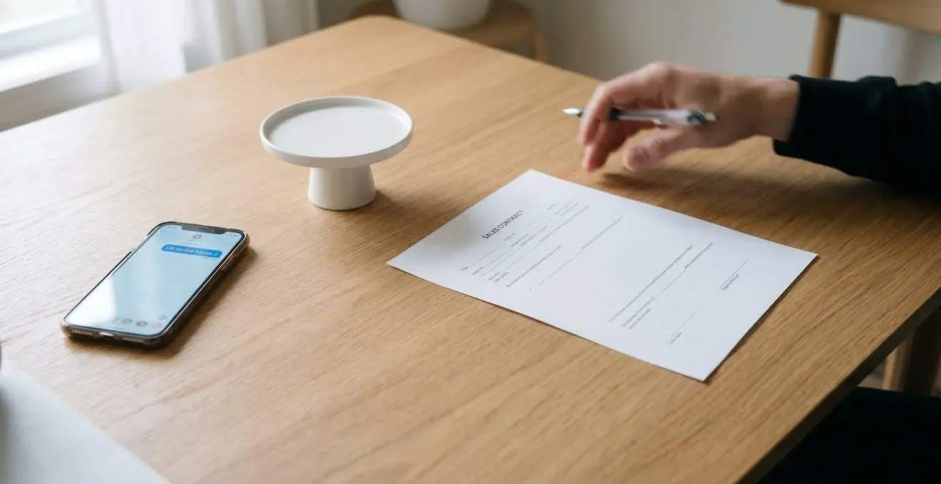 Main floue tenant un stylo au-dessus d'un contrat vierge, téléphone affichant un SMS de réservation, piédestal vide symbolisant l'absence d'engagement.