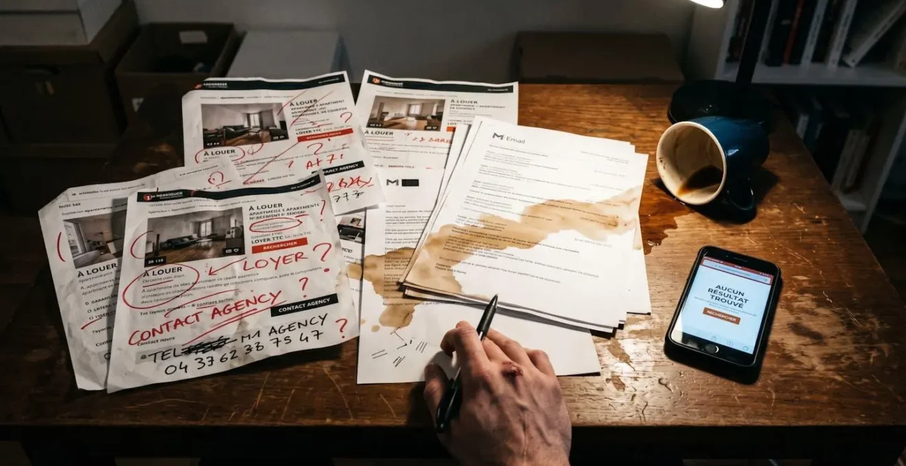 Table en désordre couverte d'annonces immobilières froissées et annotées au stylo rouge, avec un smartphone éteint, une tasse de café renversée et une main froissant nerveusement un papier, symbolisant une recherche d'appartement désorganisée.