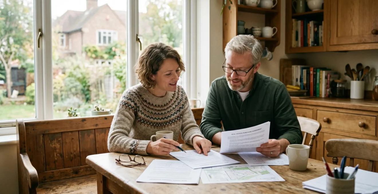 Un couple consulte des documents d'estimation immobilière assis à une table, avec une maison visible en arrière-plan