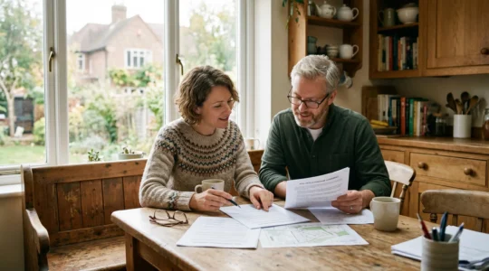 Un couple consulte des documents d'estimation immobilière assis à une table, avec une maison visible en arrière-plan