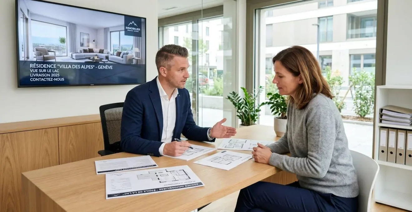 Consultation professionnelle dans une agence immobilière de prestige avec plans et documents de propriétés