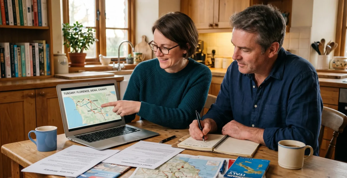 Un couple dans la quarantaine compare plusieurs annonces immobilières sur un écran d'ordinateur portable, cartes et documents sur la table