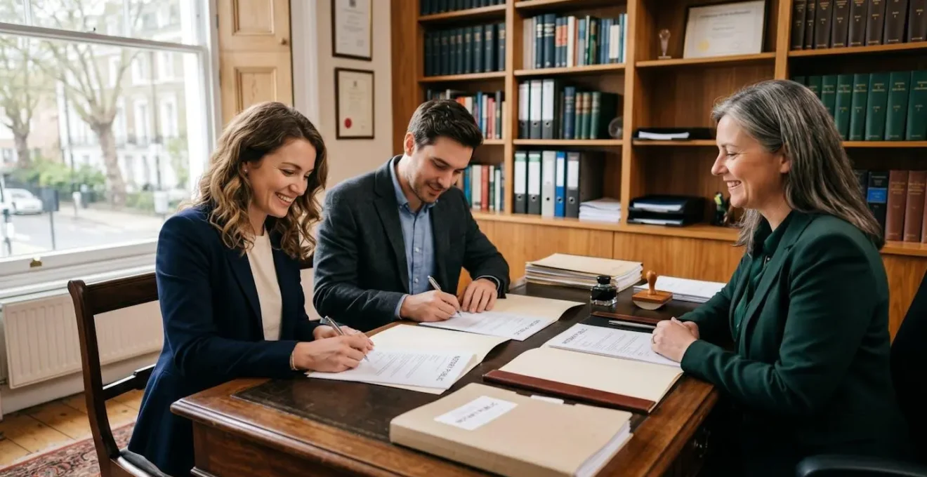 Couple signant un acte authentique de vente immobilière chez un notaire