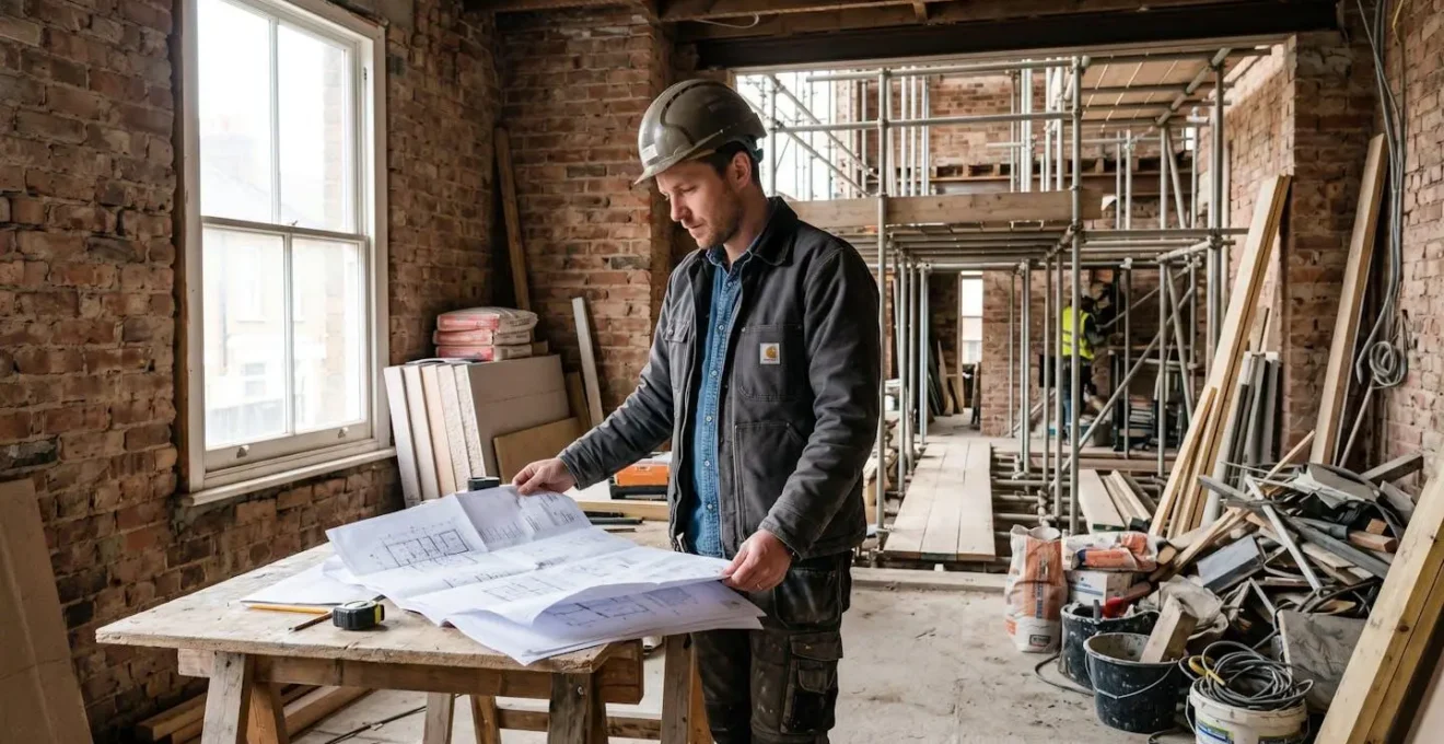 Diagnostiqueur immobilier consultant des plans sur tablette dans un chantier de rénovation résidentielle avec murs apparents et matériaux de construction