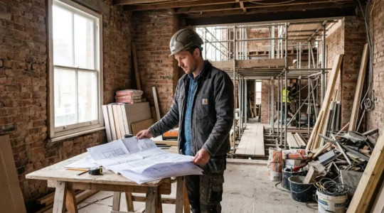 Diagnostiqueur immobilier consultant des plans sur tablette dans un chantier de rénovation résidentielle avec murs apparents et matériaux de construction