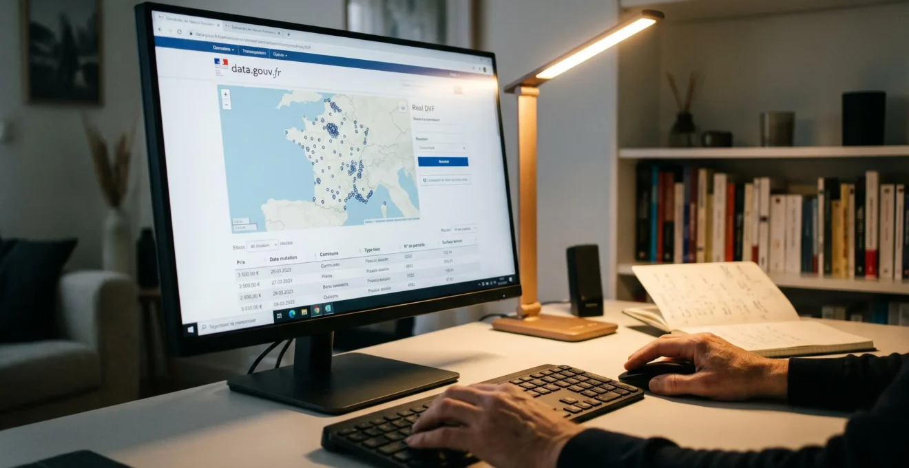 Écran d'ordinateur affichant l'interface DVF data.gouv.fr avec carte des transactions immobilières et tableau de résultats en français, mains d'utilisateur consultant les comparables de marché dans un bureau domicile contemporain