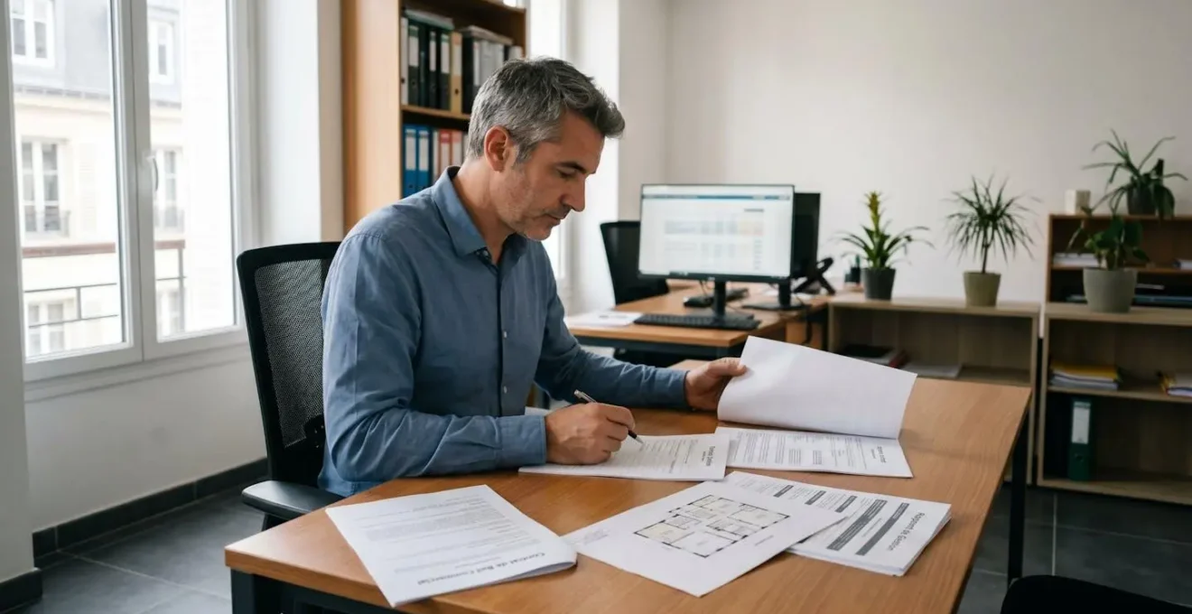 Expert immobilier spécialisé LMNP analysant des documents de valorisation (bail commercial, plans résidence services, rapport gestionnaire) sur un bureau contemporain dans une agence française, lumière naturelle, décor professionnel épuré
