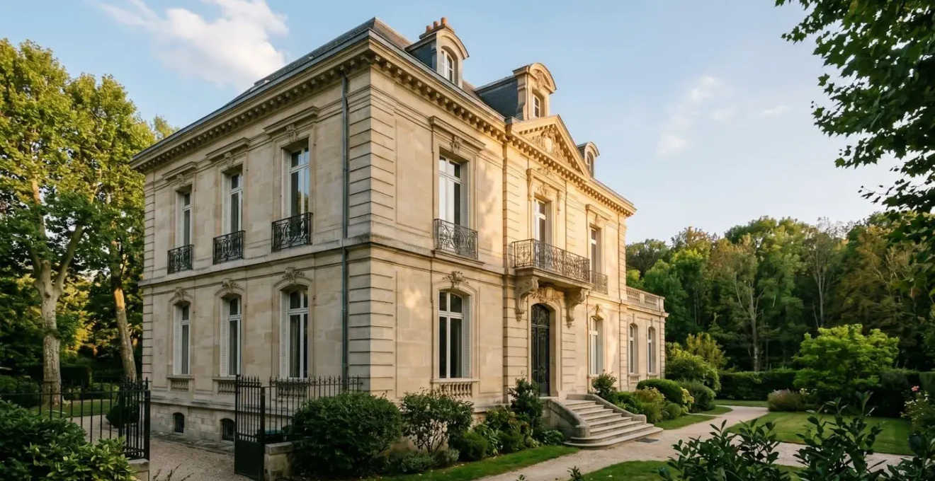 Façade en pierre de taille d'une demeure bourgeoise dans l'ouest parisien entourée d'un jardin paysager avec forêt en arrière-plan