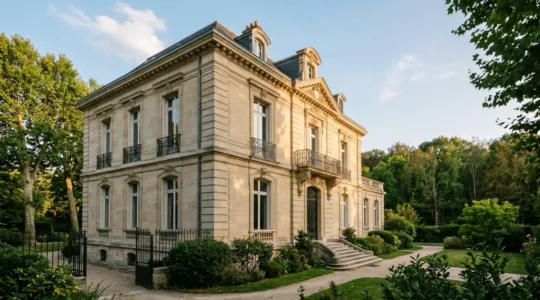 Façade en pierre de taille d'une demeure bourgeoise dans l'ouest parisien entourée d'un jardin paysager avec forêt en arrière-plan