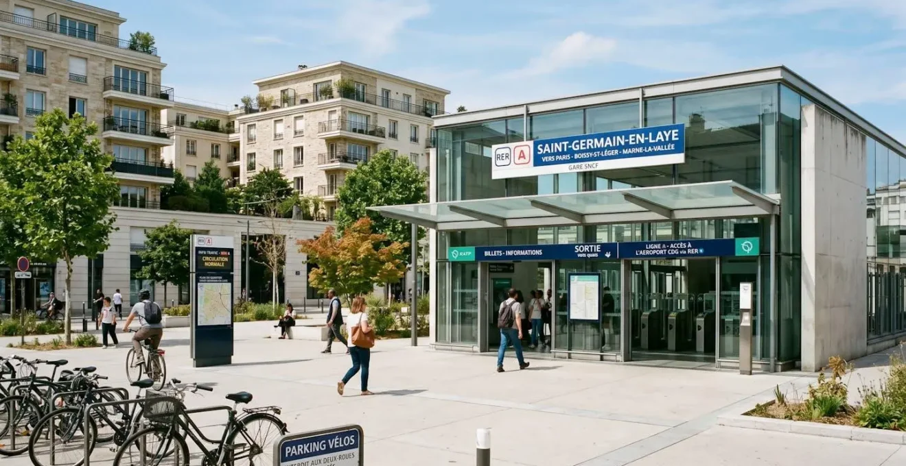 Gare RER A dans l'ouest parisien avec parvis moderne et immeubles résidentiels en arrière-plan