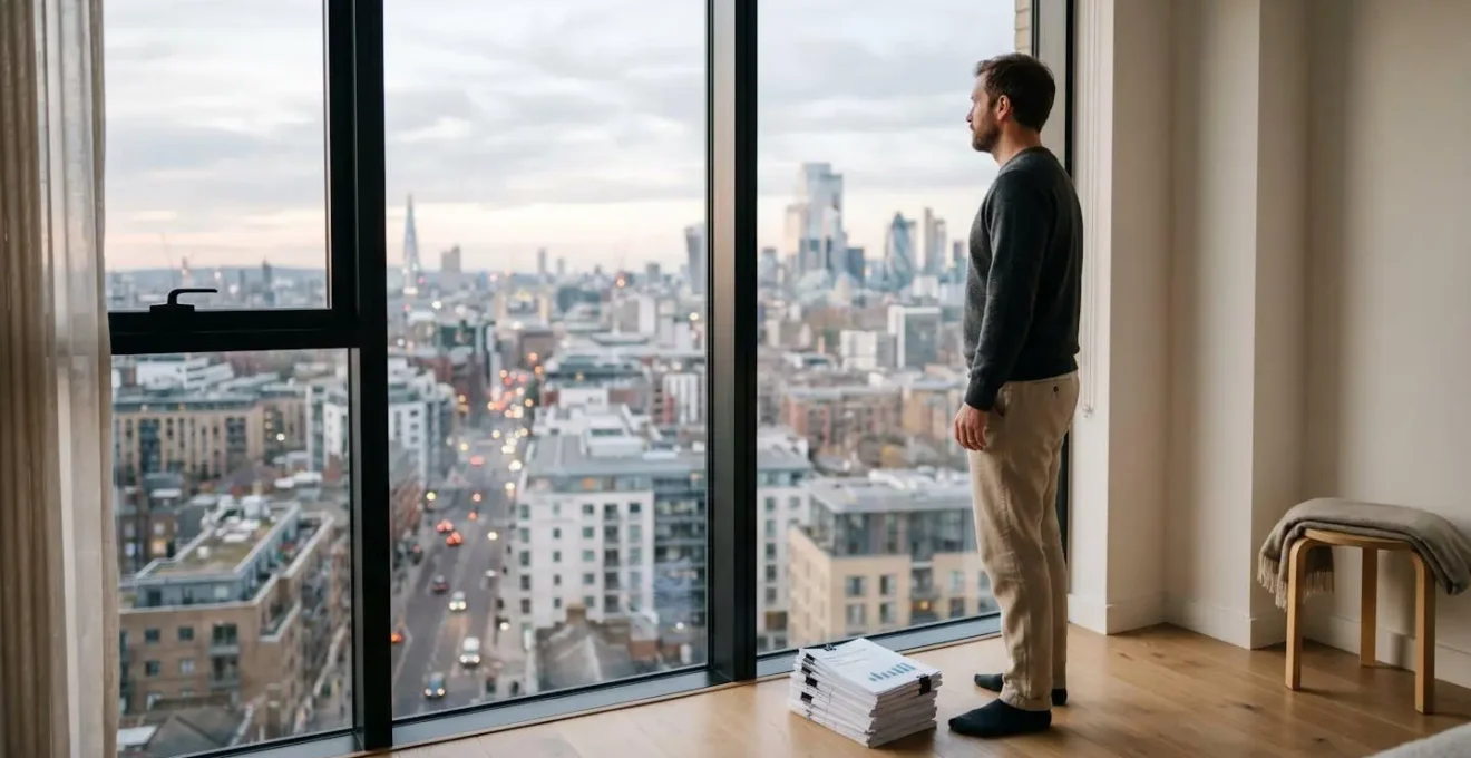 Un homme contemplant une ville moderne depuis son appartement lumineux, symbolisant la projection vers un projet immobilier