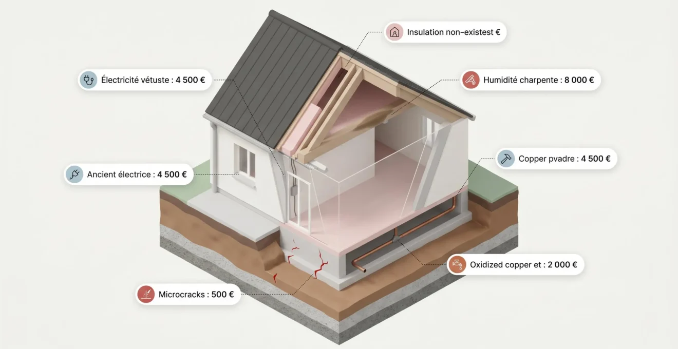 Illustration isométrique en coupe d'une maison révélant les défauts structurels cachés avec étiquettes de coûts en français