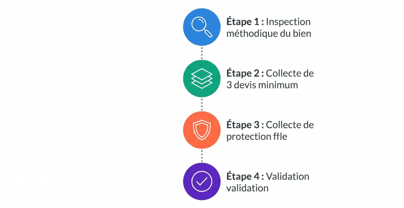 Infographie en quatre étapes verticales numérotées montrant la méthodologie d'estimation des travaux avant achat immobilier, avec icônes et textes en français