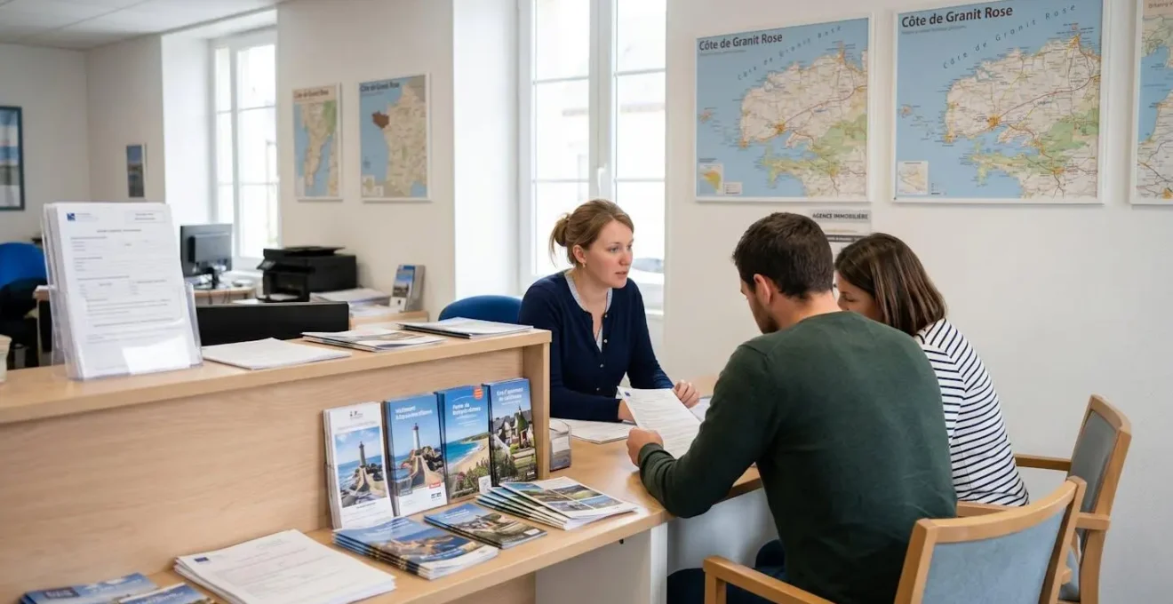 Intérieur d'agence immobilière locale en Bretagne, conseillère en discussion avec clients devant des documents de location et carte régionale murale