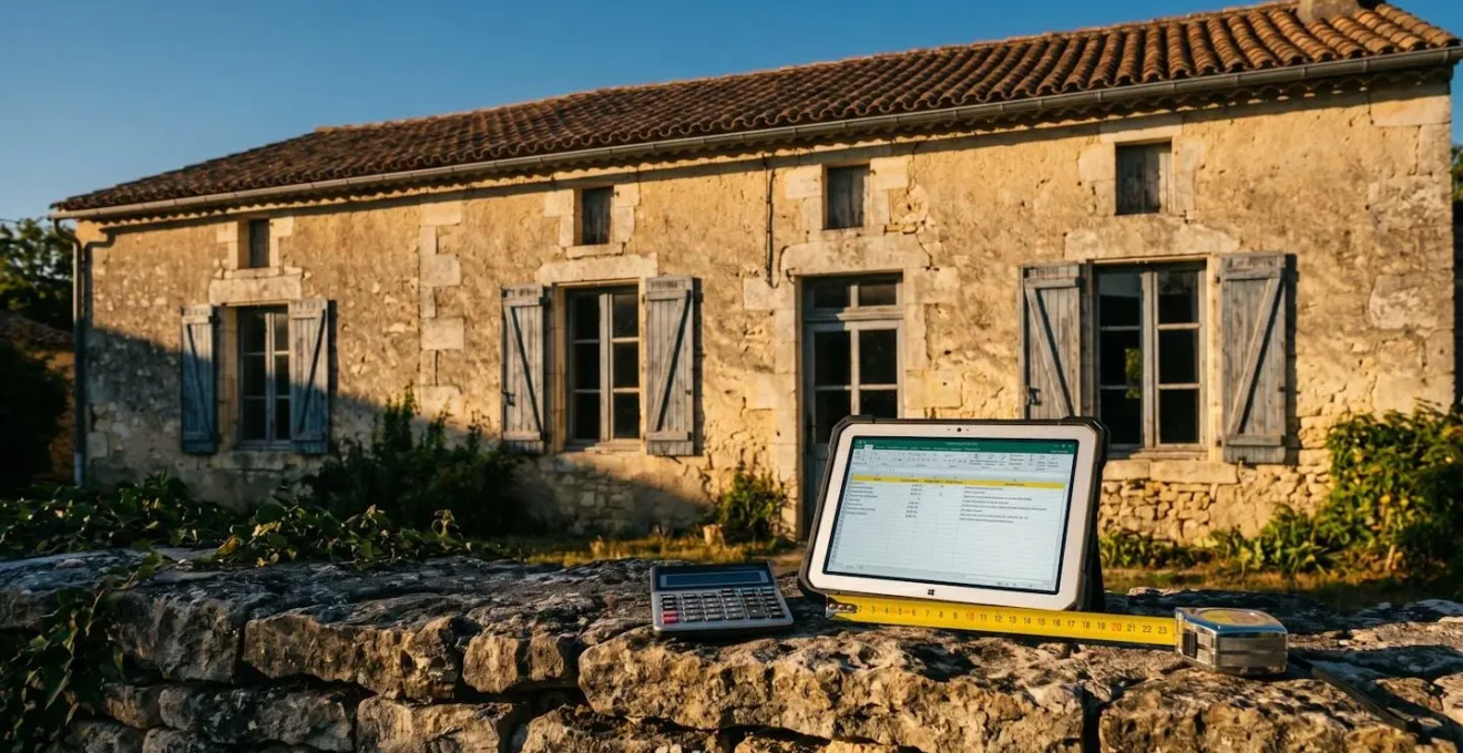 Maison ancienne en pierre à rénover photographiée au coucher du soleil, avec tablette affichant un budget prévisionnel, calculatrice et mètre sur un muret au premier plan