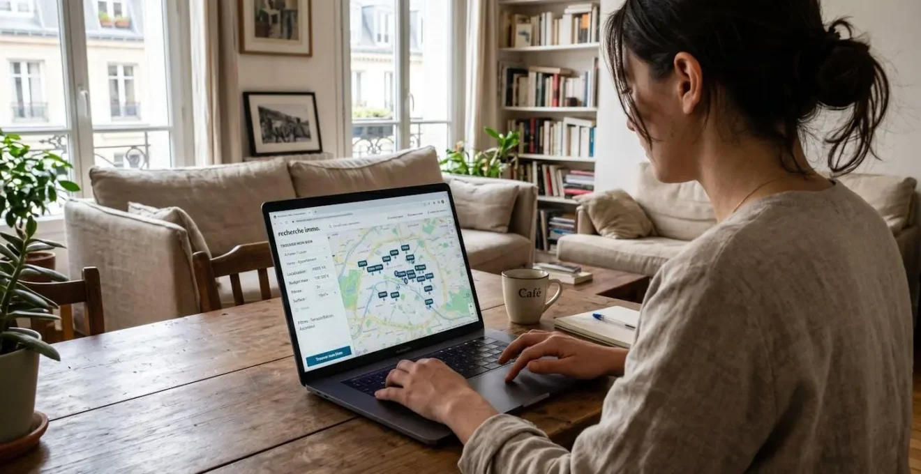 Personne consultant une plateforme d'annonces immobilières sur ordinateur avec carte géographique et filtres de recherche affichés