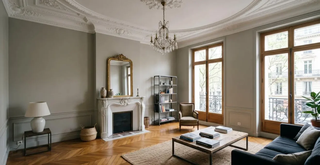 Salon haussmannien avec hauteur sous plafond exceptionnelle, moulures, parquet massif et cheminée en marbre