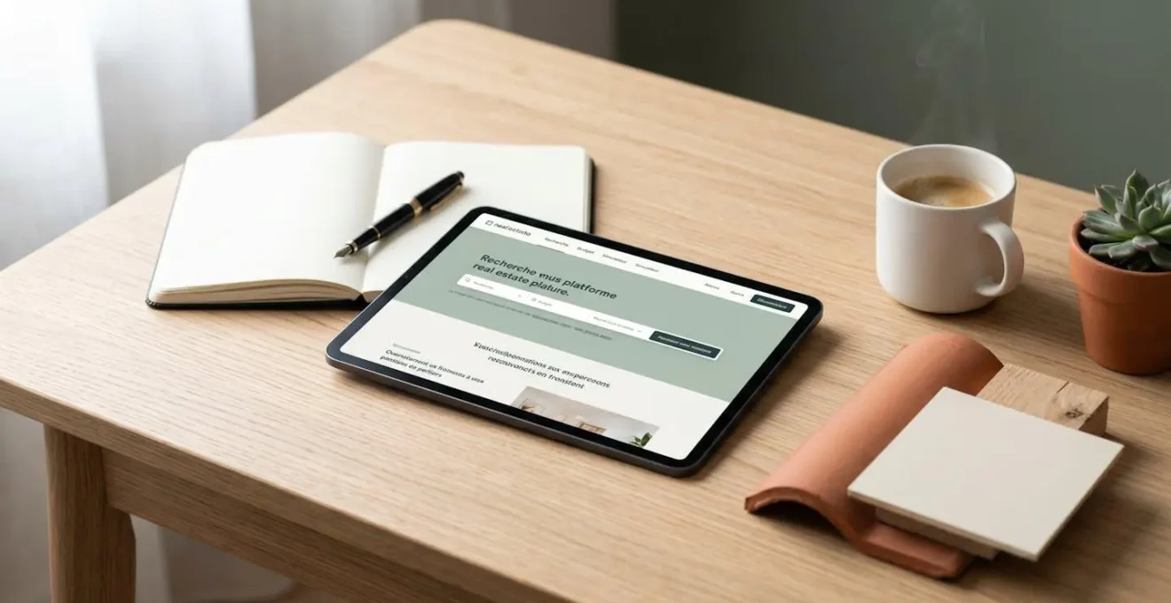 Tablette affichant une interface de simulateur immobilier en français, posée sur bureau en bois clair scandinave avec carnet, café et échantillons de matériaux
