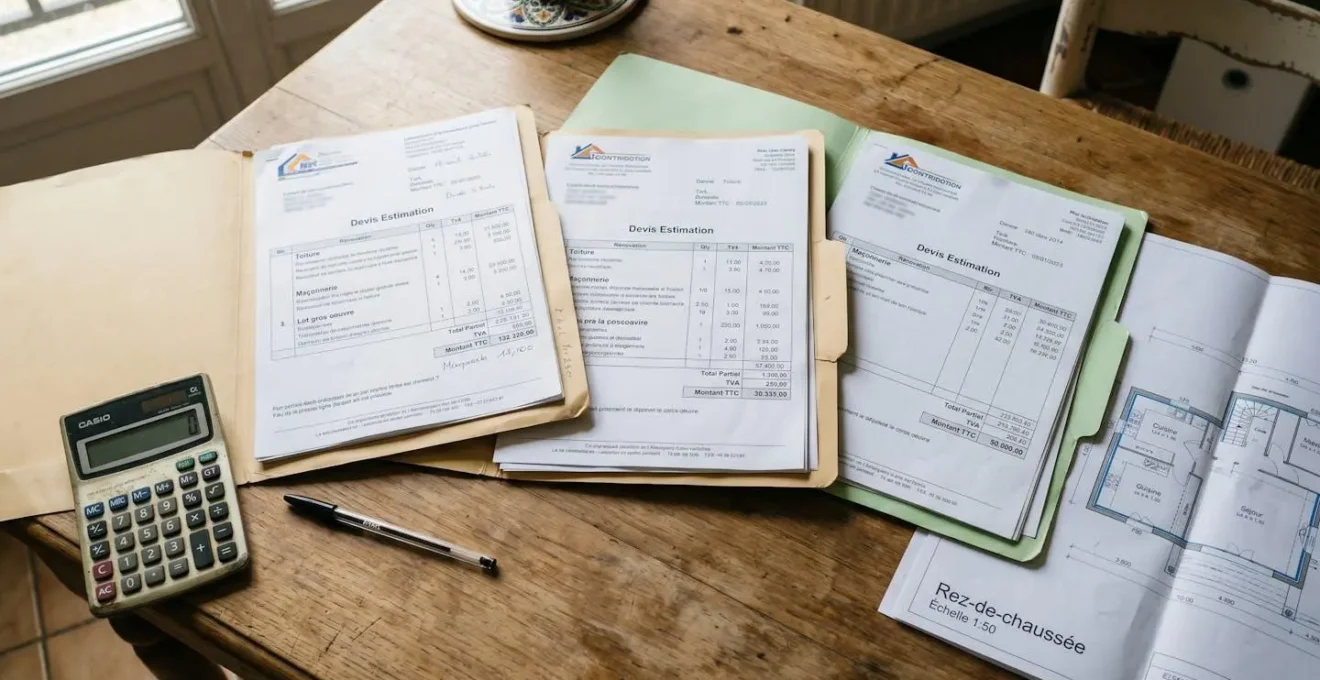Trois dossiers de devis de travaux professionnels étalés sur une table avec calculatrice et plans architecturaux