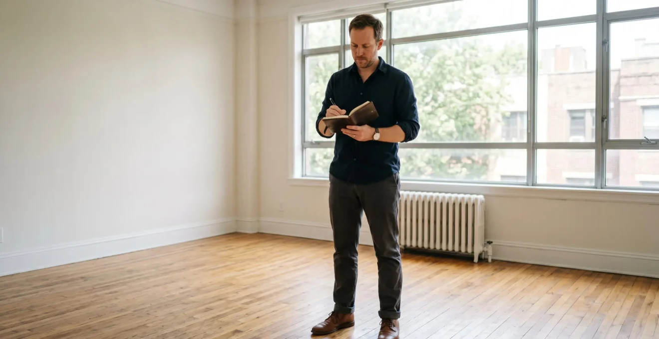 Un acquéreur examine les dimensions d'une pièce lors d'une visite immobilière, carnet de notes à la main