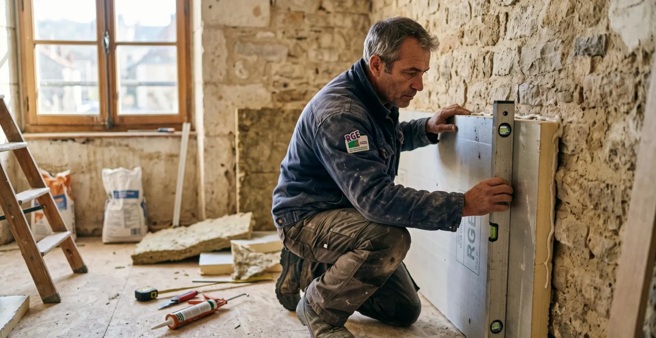 Artisan certifié RGE de 40-50 ans installant un panneau d'isolation thermique rigide contre un mur en pierre lors de la rénovation énergétique d'un appartement ancien