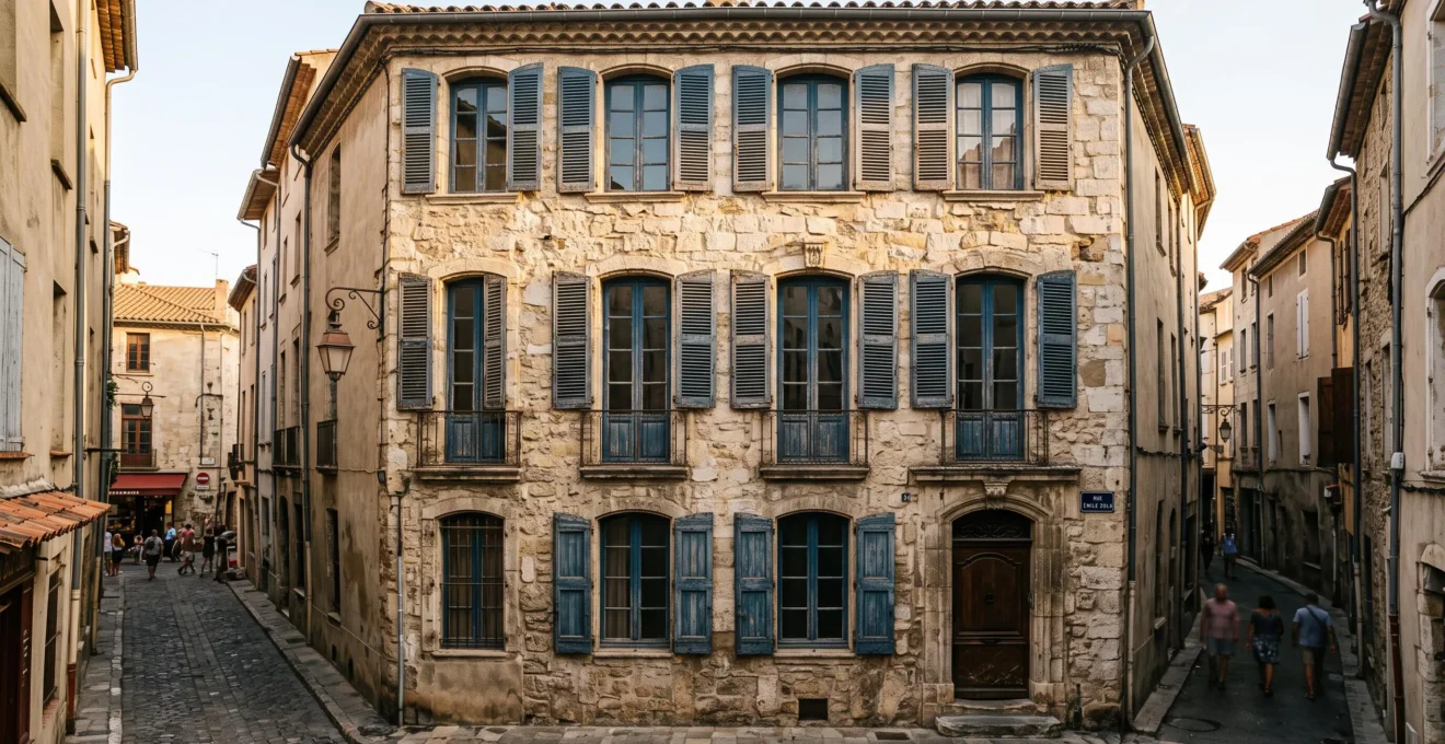 Façade d'immeuble ancien en pierre calcaire du centre historique de Perpignan avec menuiseries bois traditionnelles et volets peints, rue pavée étroite sous lumière naturelle