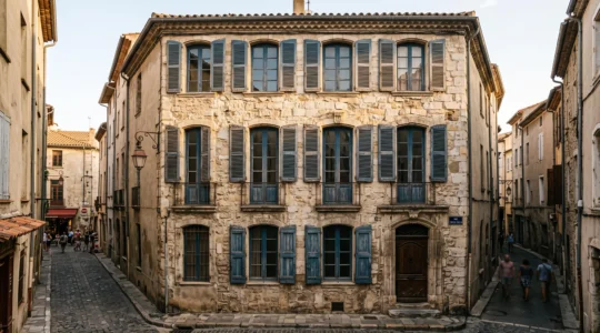 Façade d'immeuble ancien en pierre calcaire du centre historique de Perpignan avec menuiseries bois traditionnelles et volets peints, rue pavée étroite sous lumière naturelle