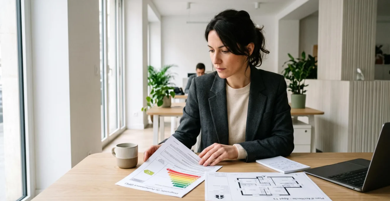 Femme de 35-40 ans assise à un bureau contemporain consultant attentivement un document DPE et des plans d'appartement dans une agence immobilière lumineuse