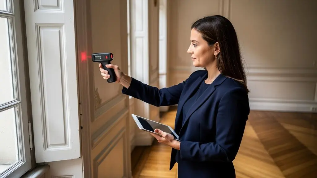 Agent immobilier effectuant des mesures lors de l'évaluation d'un appartement
