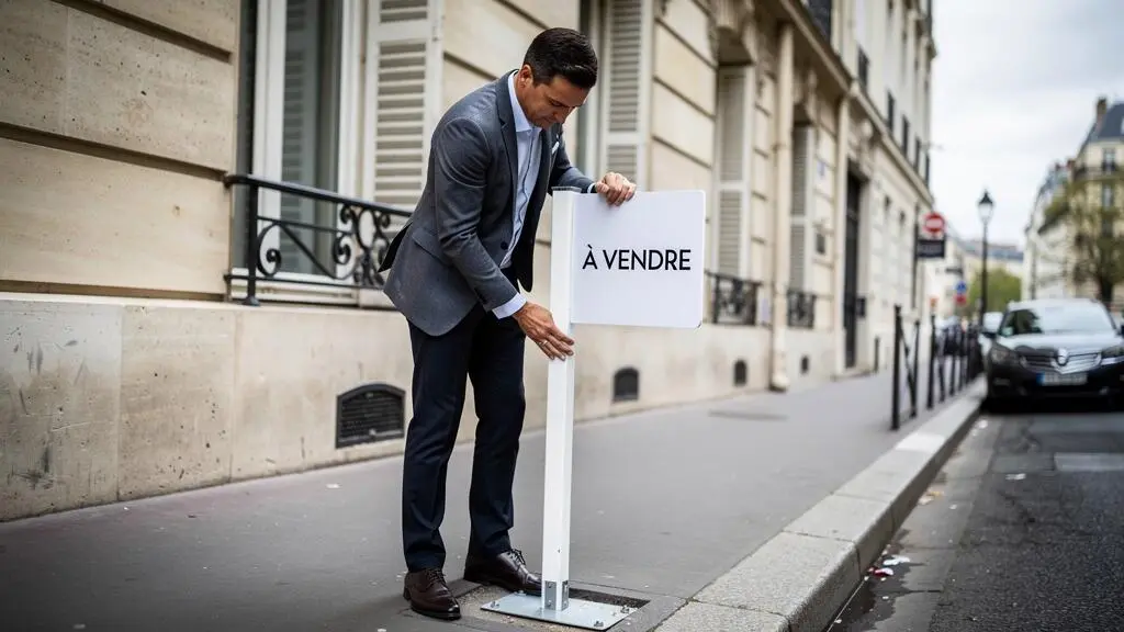 Agent immobilier installant un panneau à vendre devant un immeuble résidentiel