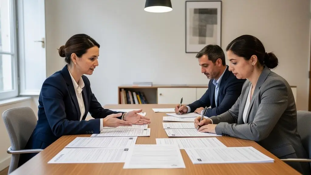 Agent immobilier accompagnant des clients lors de la signature de documents de vente