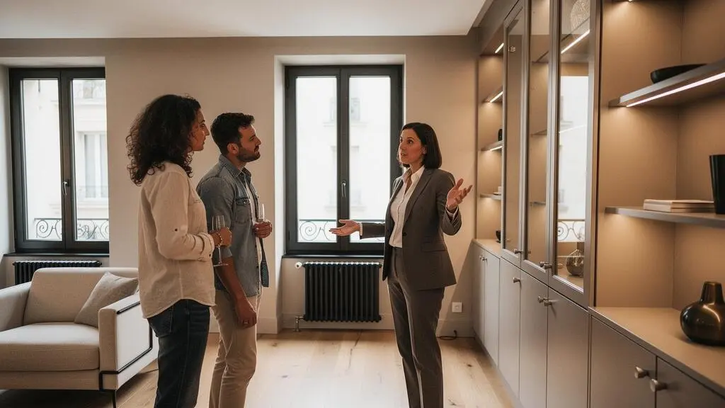 Agent immobilier présentant un appartement à un couple de clients lors d'une visite