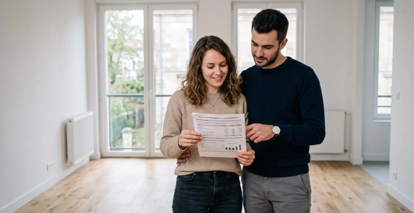 Jeune couple visitant un appartement lumineux lors d'une visite immobilière en France