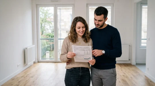 Jeune couple visitant un appartement lumineux lors d'une visite immobilière en France
