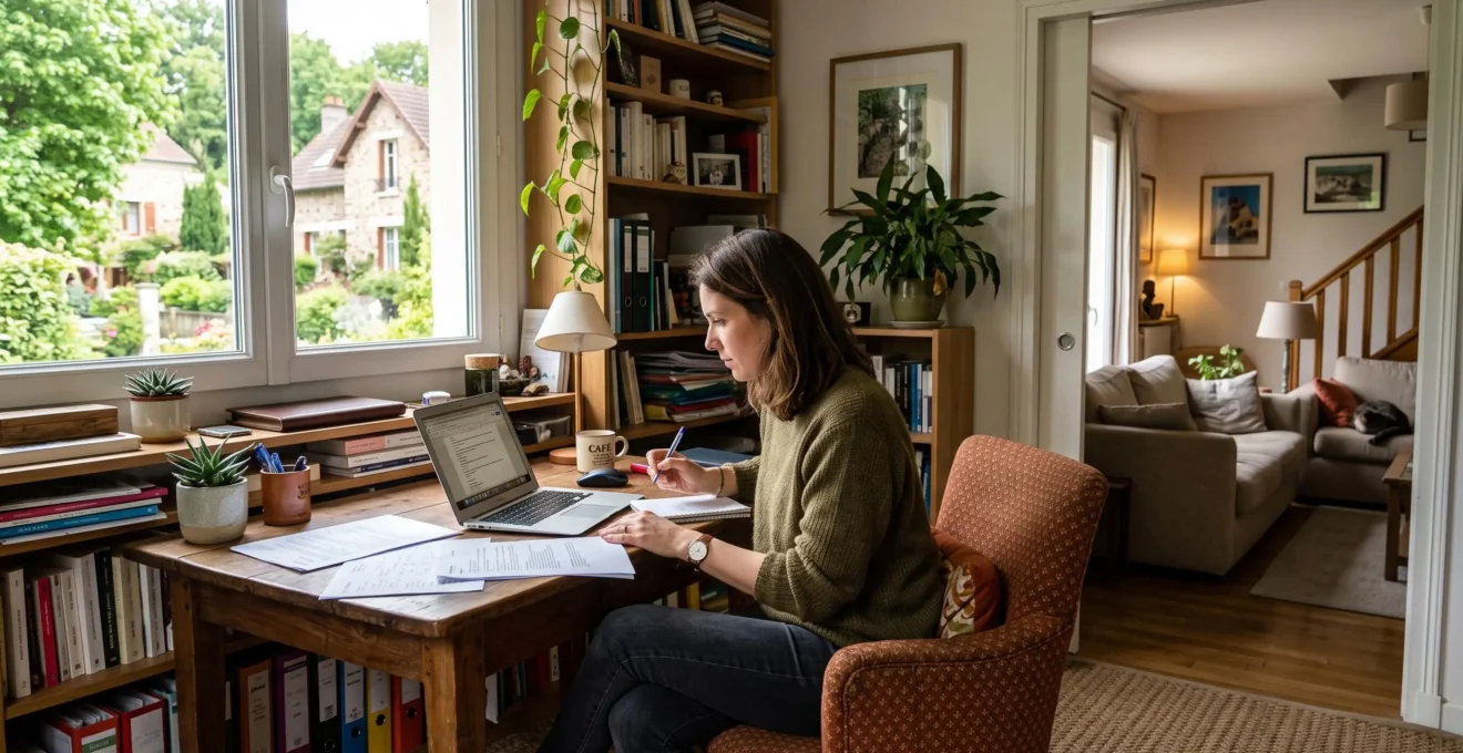 Espace de télétravail aménagé dans un bureau à domicile d'une maison périurbaine, avec vue sur l'environnement résidentiel, illustrant les conditions quotidiennes d'usage du télétravail