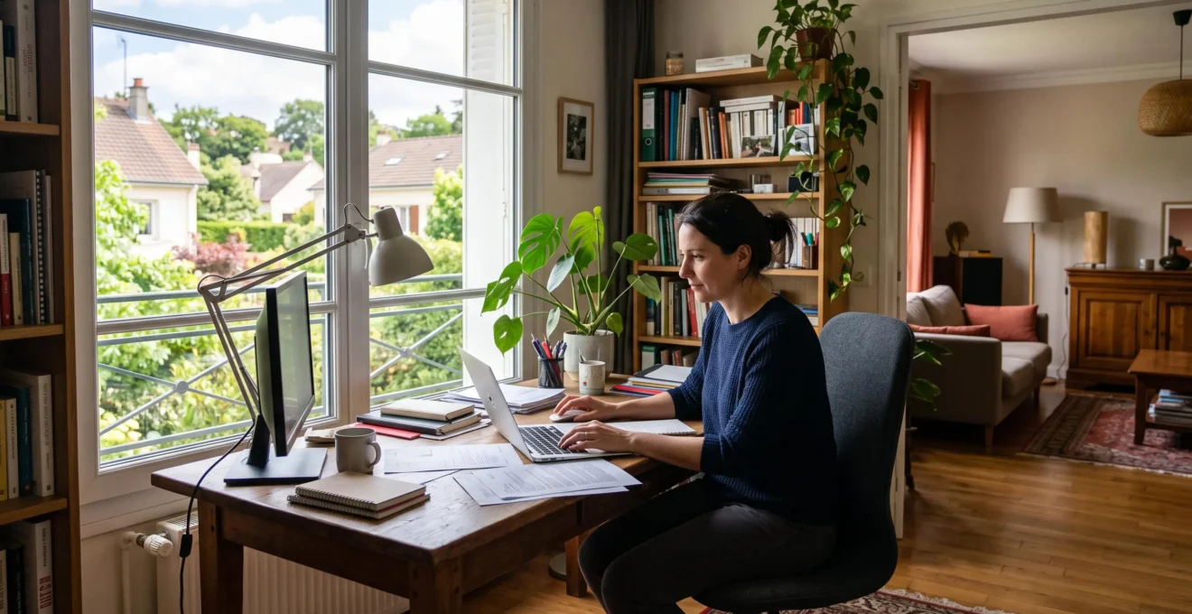 Maison individuelle contemporaine dans un lotissement périurbain français, située à 30-40 km du centre-ville, illustrant l'arbitrage géographique rendu possible par le télétravail