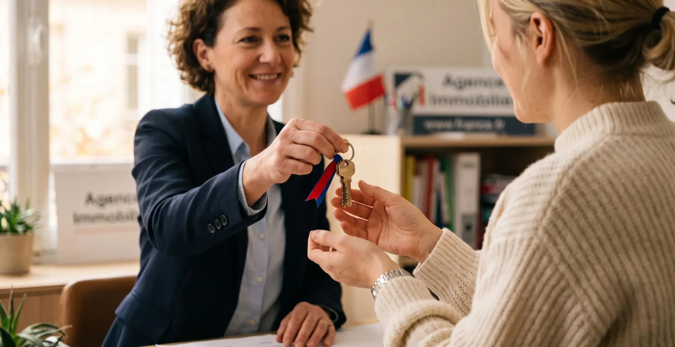 Remise de clés entre un professionnel de l'immobilier et un primo-accédant lors de la finalisation d'une acquisition
