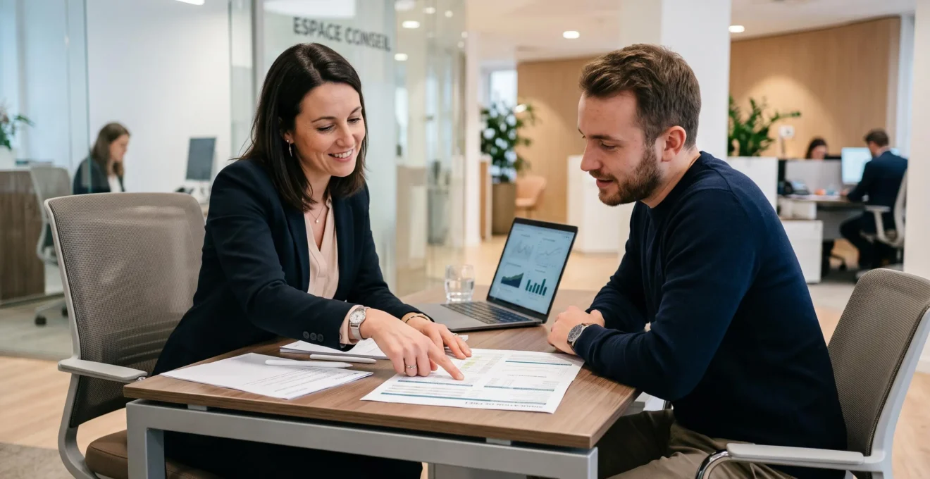 Conseiller bancaire et client examinant ensemble des documents de simulation de prêts lors d'un rendez-vous en agence