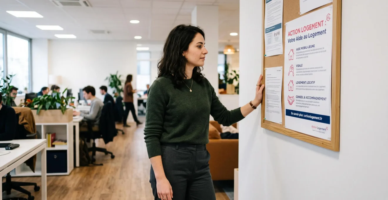 Jeune salarié consultant les informations sur les aides au logement Action Logement affichées dans son entreprise