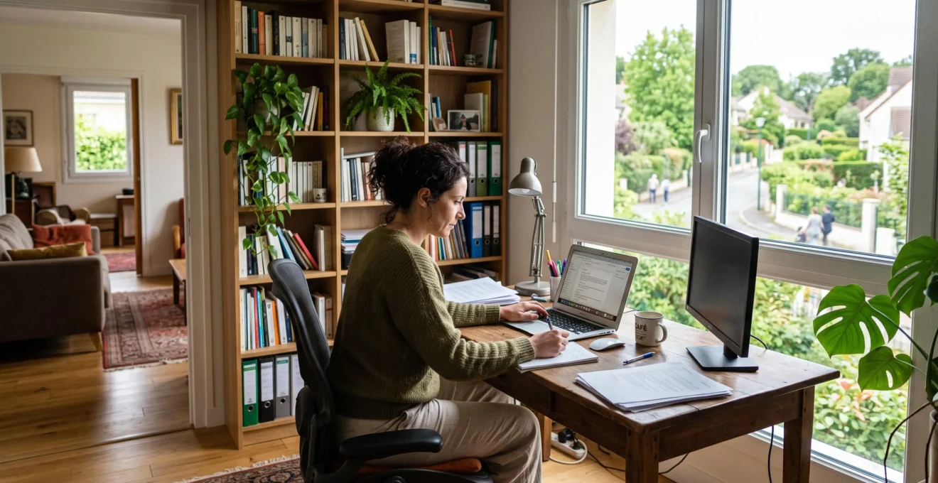Vue depuis l'habitacle d'un véhicule sur une route départementale française en direction de la ville, illustrant le trajet domicile-travail résiduel nécessaire malgré le télétravail partiel