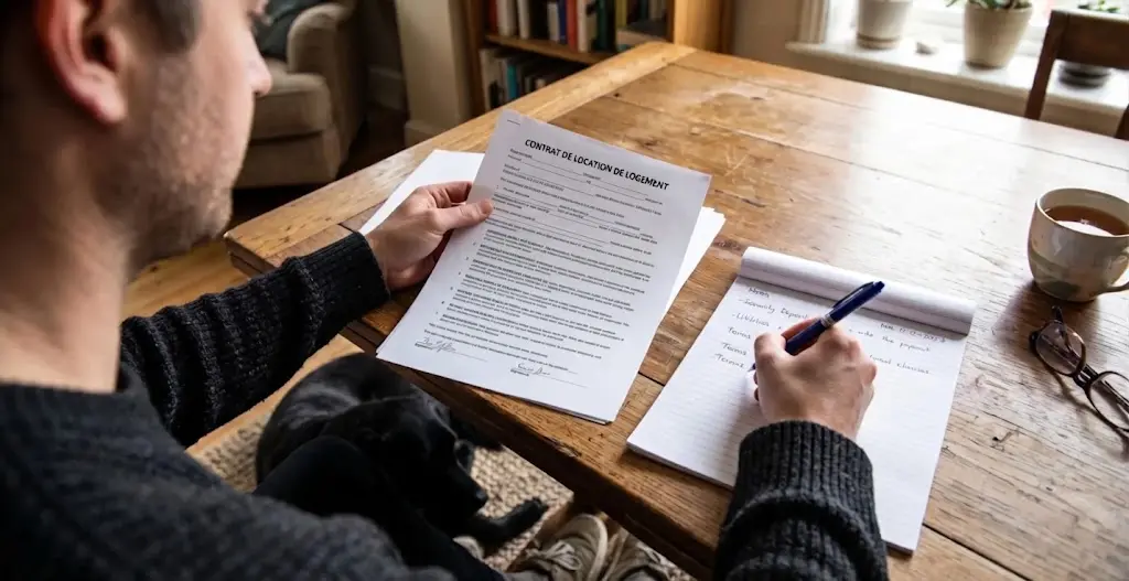 Une personne relit un contrat de location et prend des notes, son chien à ses pieds.