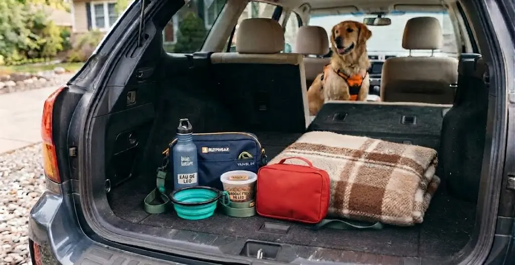 Une trousse et des accessoires pour chien rangés dans le coffre d'une voiture.