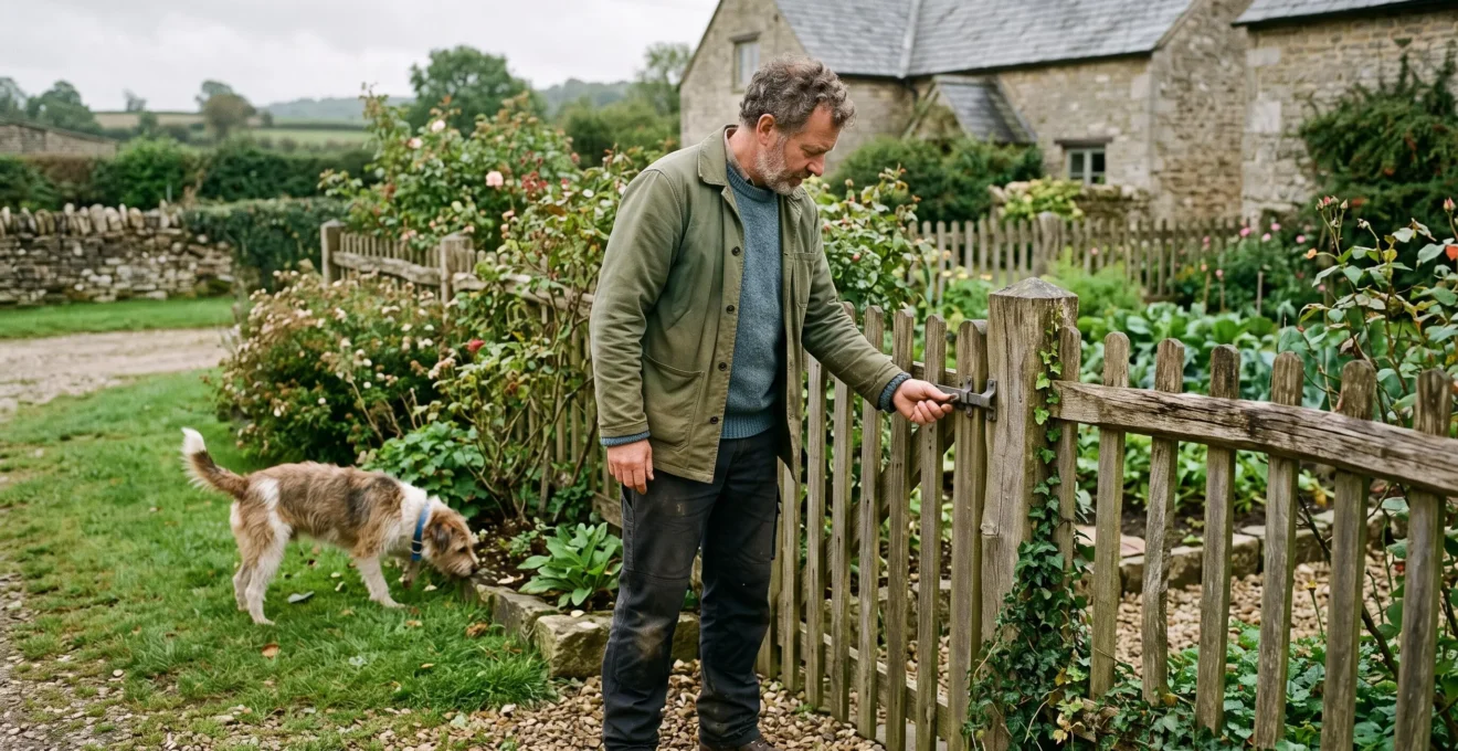 Un homme vérifie la clôture et le portail d'un jardin pendant que son chien explore.